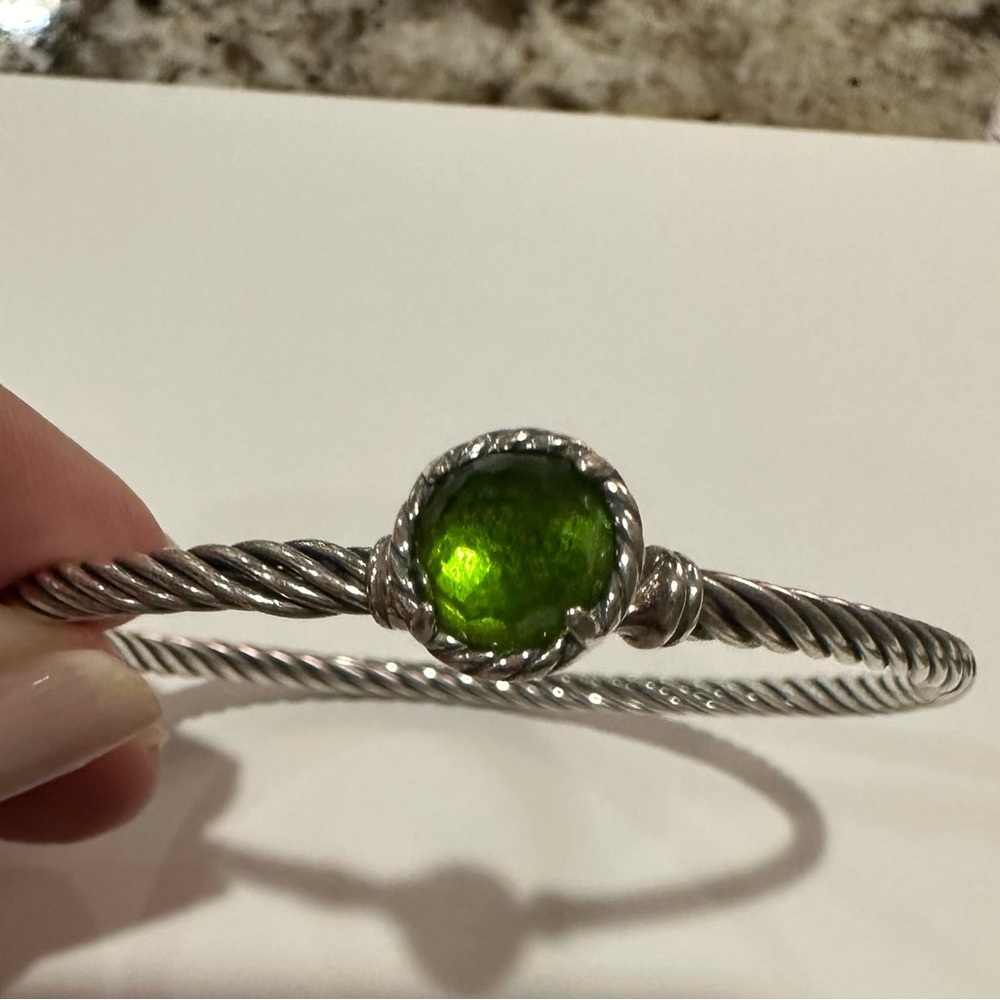 David Yurman Silver Bracelet with Vibrant Green Stone
